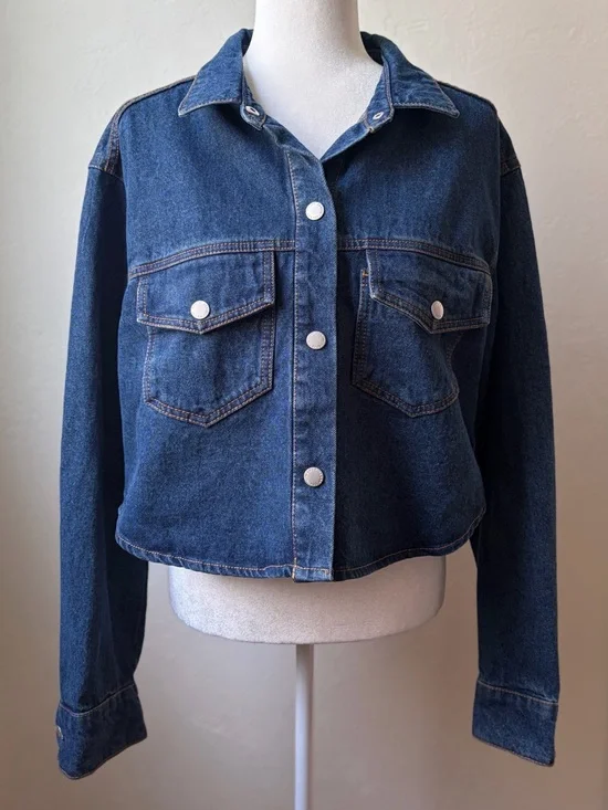 Velvet Heart Denim Cropped Jacket Dark Wash Button Front Shirt Jacket Size L - Picture 1 of 12